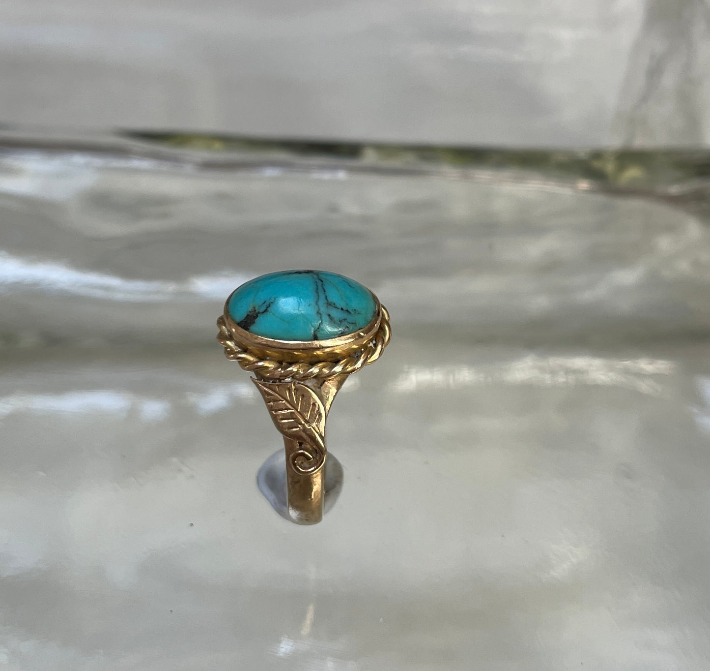 Cabochon Turquoise Dress Ring Foliate Shoulders
