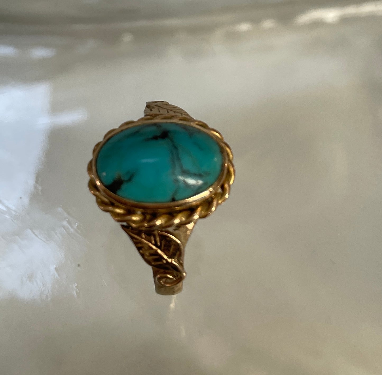 Cabochon Turquoise Dress Ring Foliate Shoulders