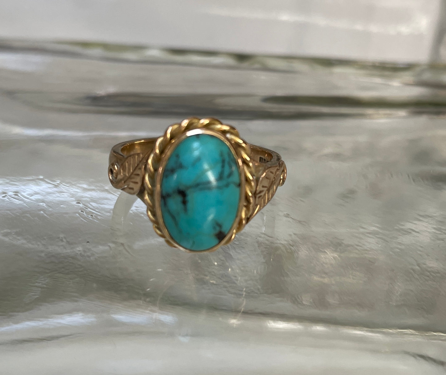 Cabochon Turquoise Dress Ring Foliate Shoulders