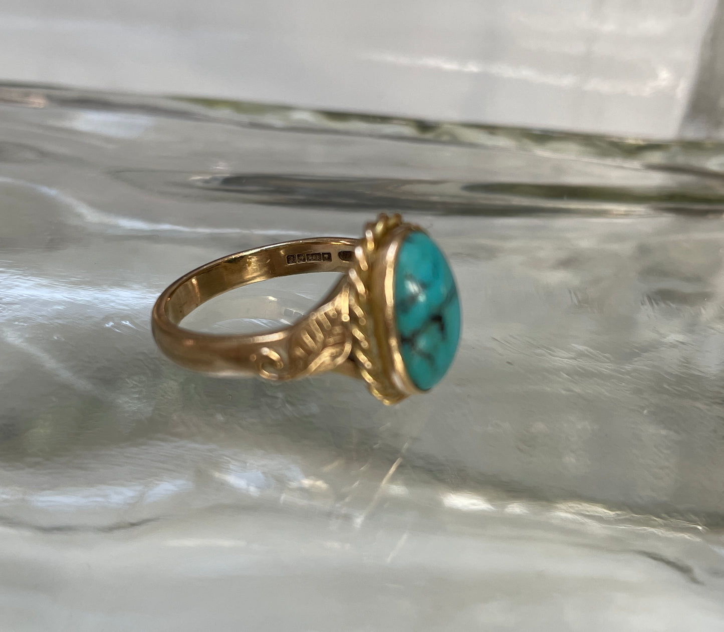 Cabochon Turquoise Dress Ring Foliate Shoulders