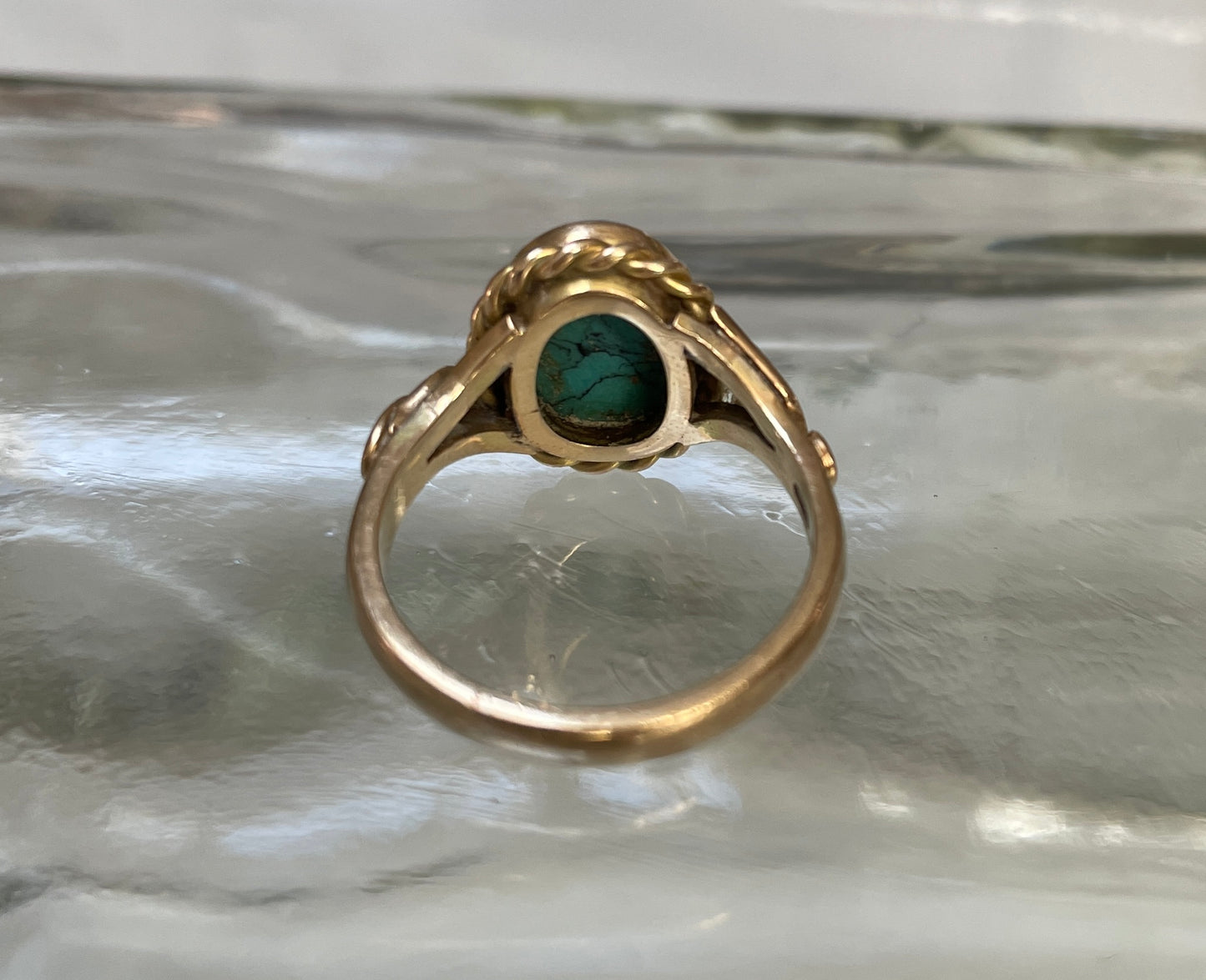 Cabochon Turquoise Dress Ring Foliate Shoulders