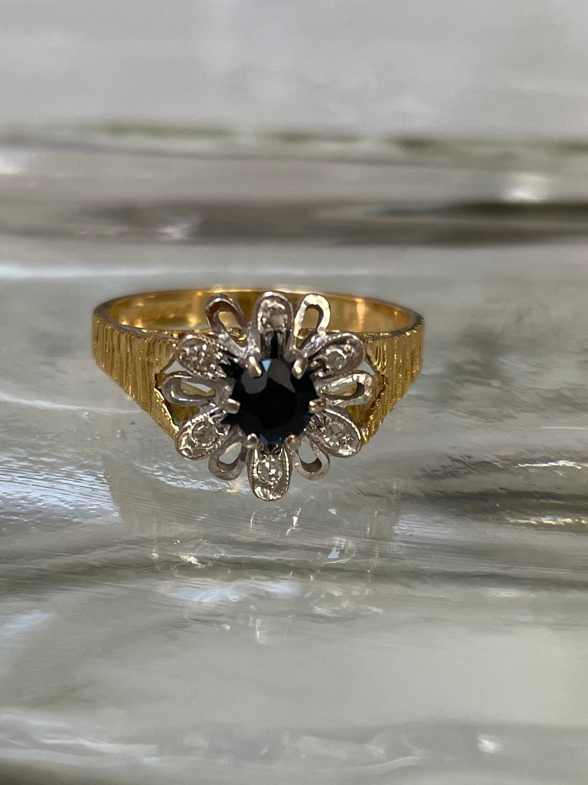 Sapphire And Diamond 1970s Flower Ring