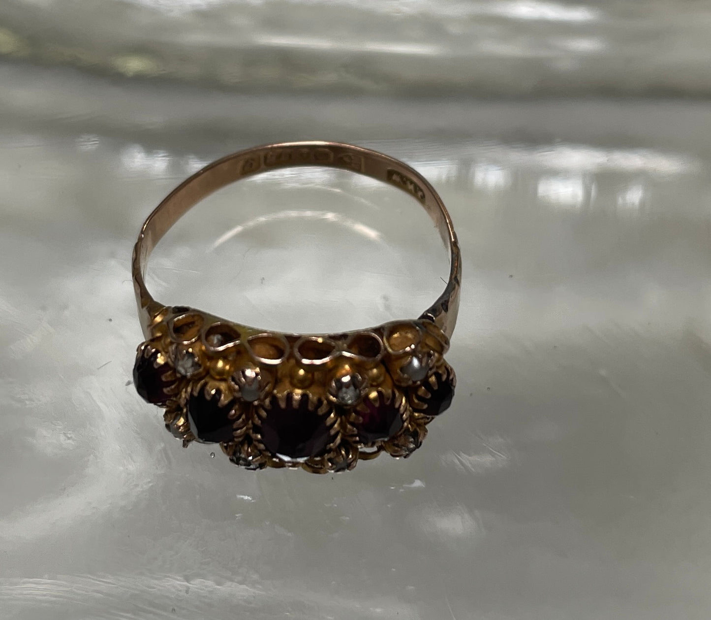 Edwardian Red Paste Seed Pearl & Diamond 9ct Ring
