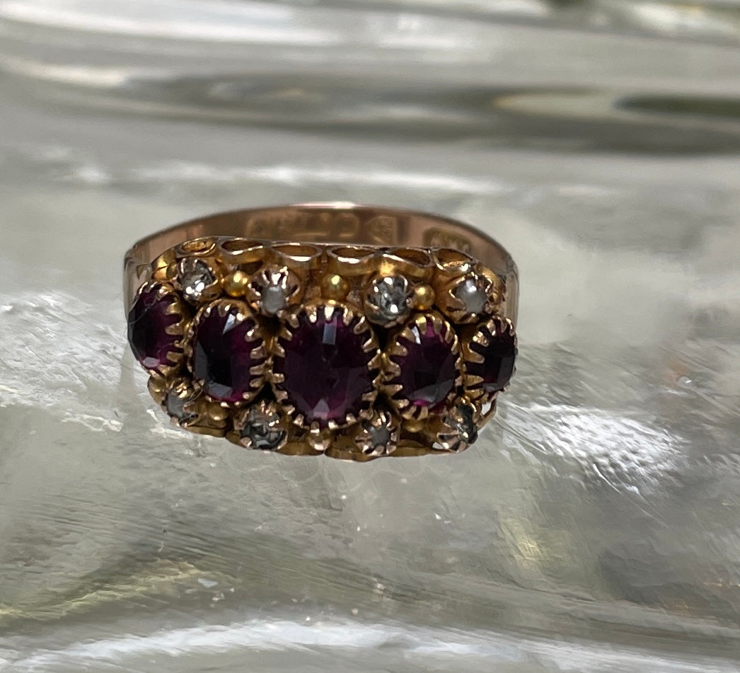 Edwardian Red Paste Seed Pearl & Diamond 9ct Ring