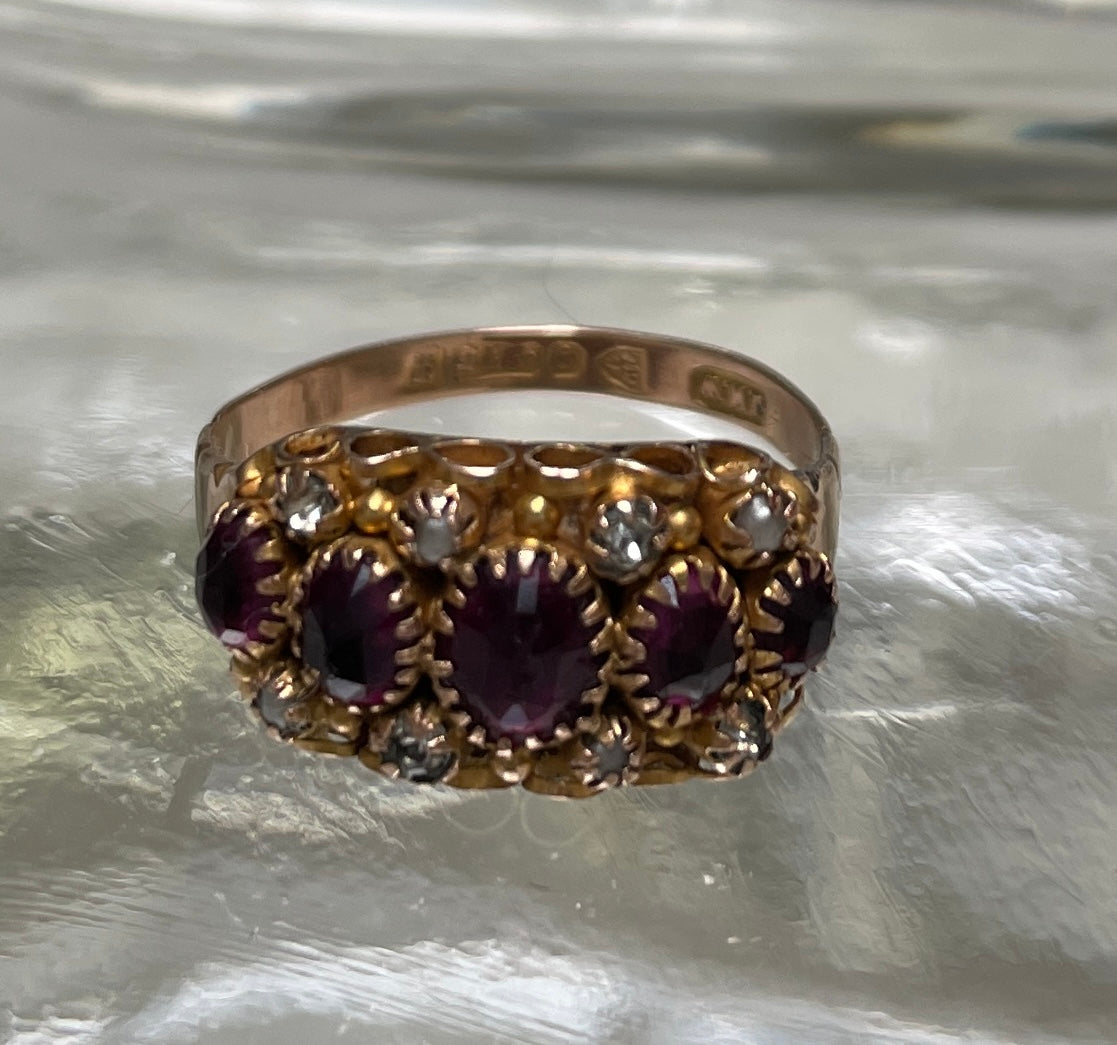 Edwardian Red Paste Seed Pearl & Diamond 9ct Ring