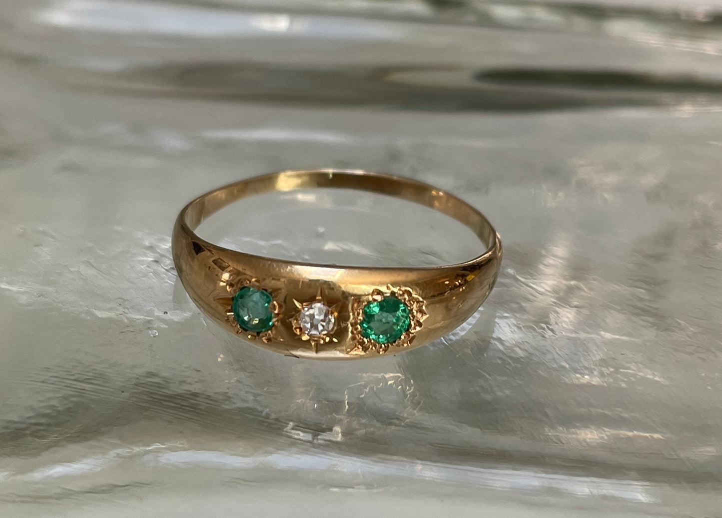 Edwardian 18ct Gold Emerald & Diamond Three Stone Ring