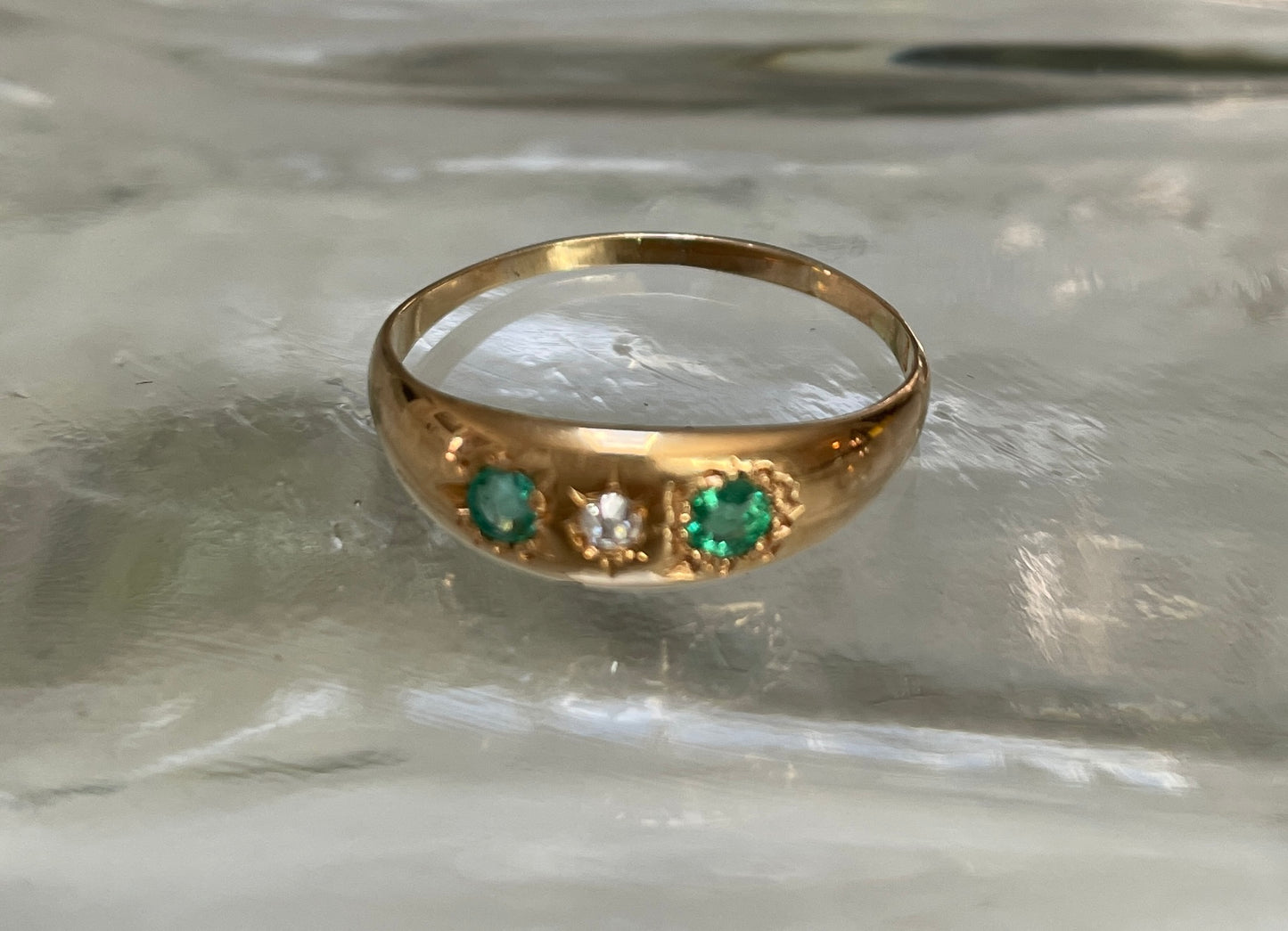 Edwardian 18ct Gold Emerald & Diamond Three Stone Ring