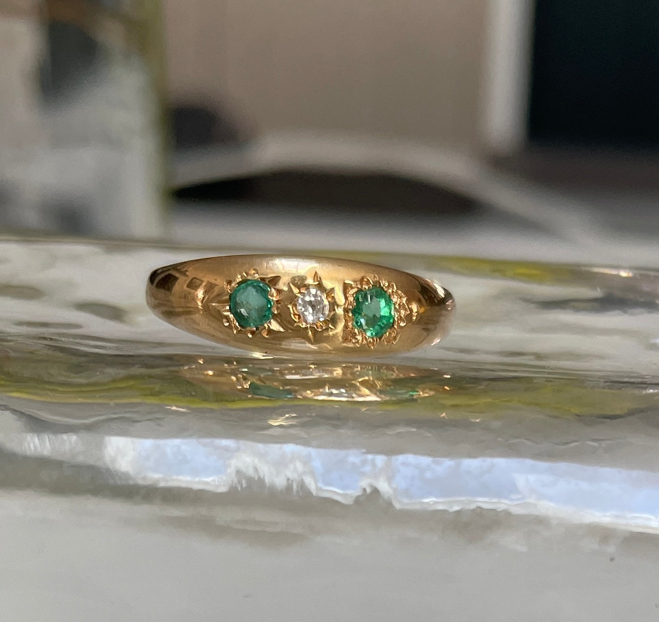 Edwardian 18ct Gold Emerald & Diamond Three Stone Ring