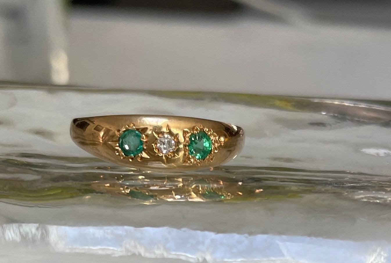 Edwardian 18ct Gold Emerald & Diamond Three Stone Ring