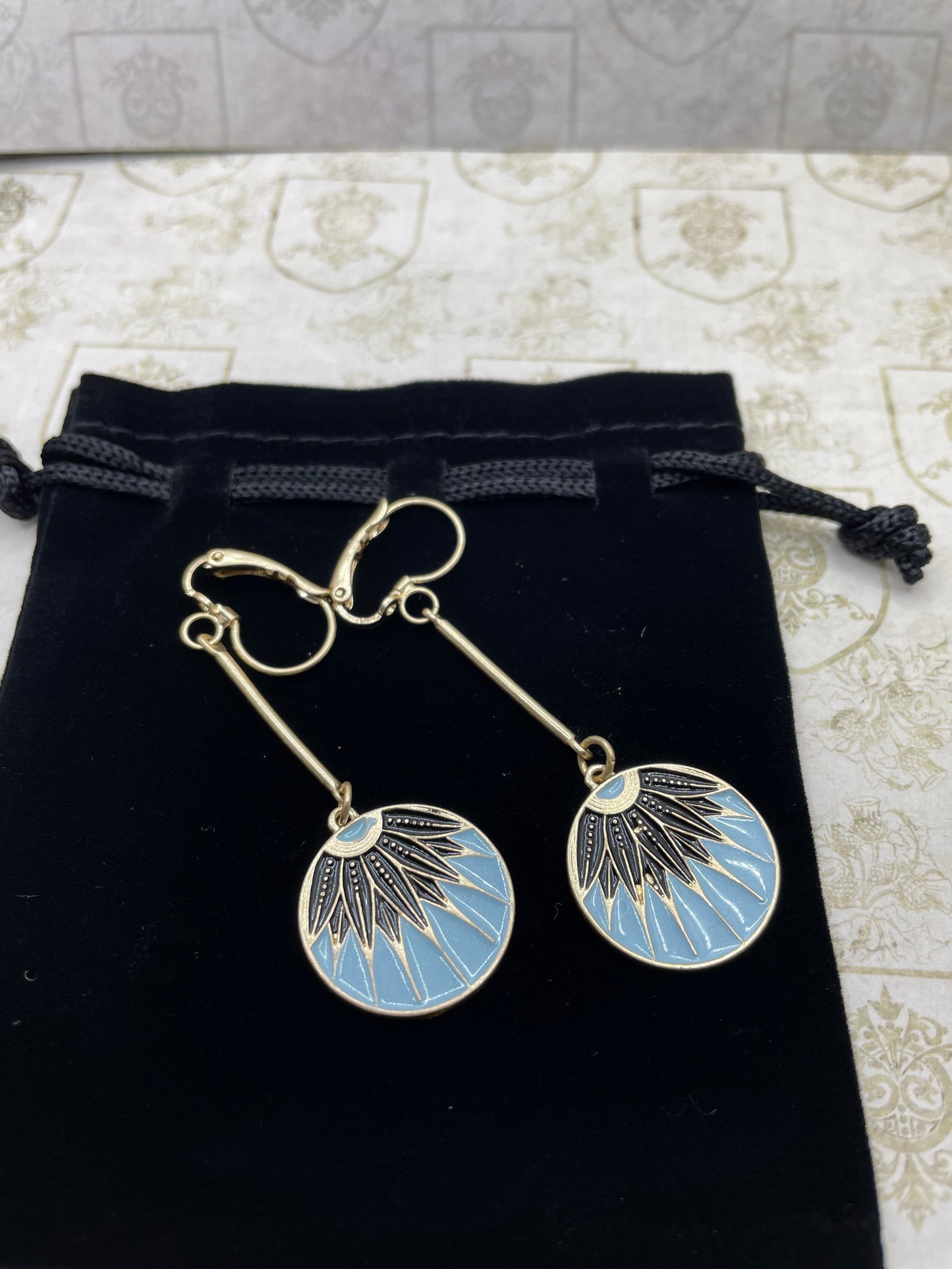 Art Deco Disc Drop Earrings In Blue