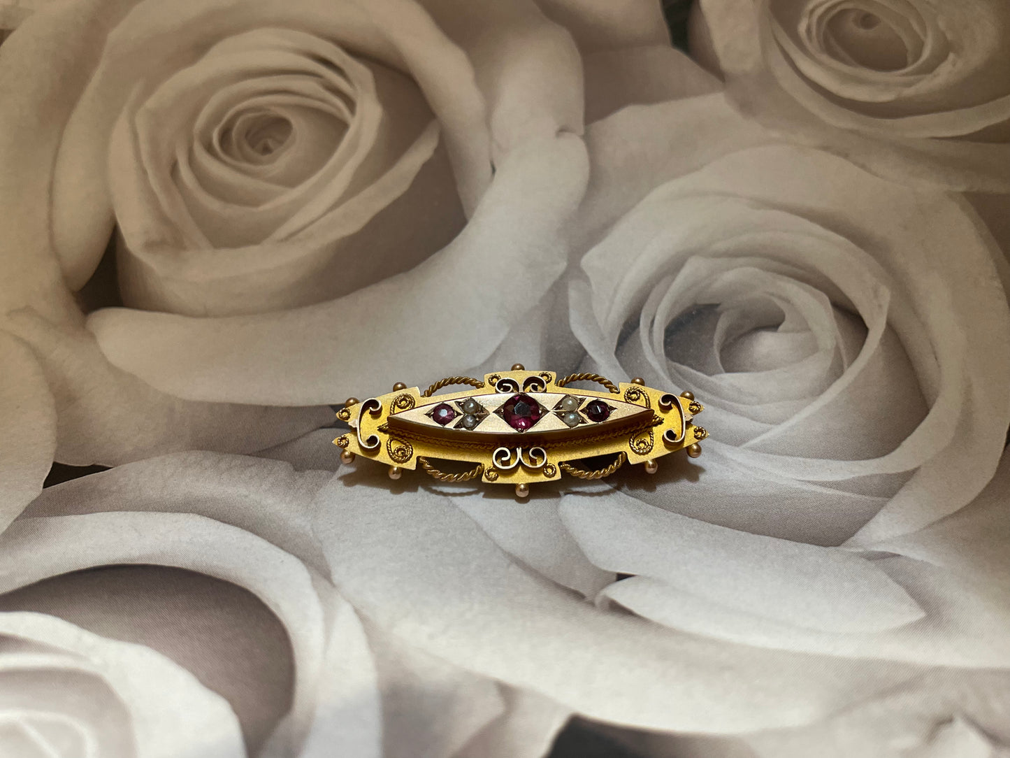 Garnet and Split Pearl Mourning Brooch