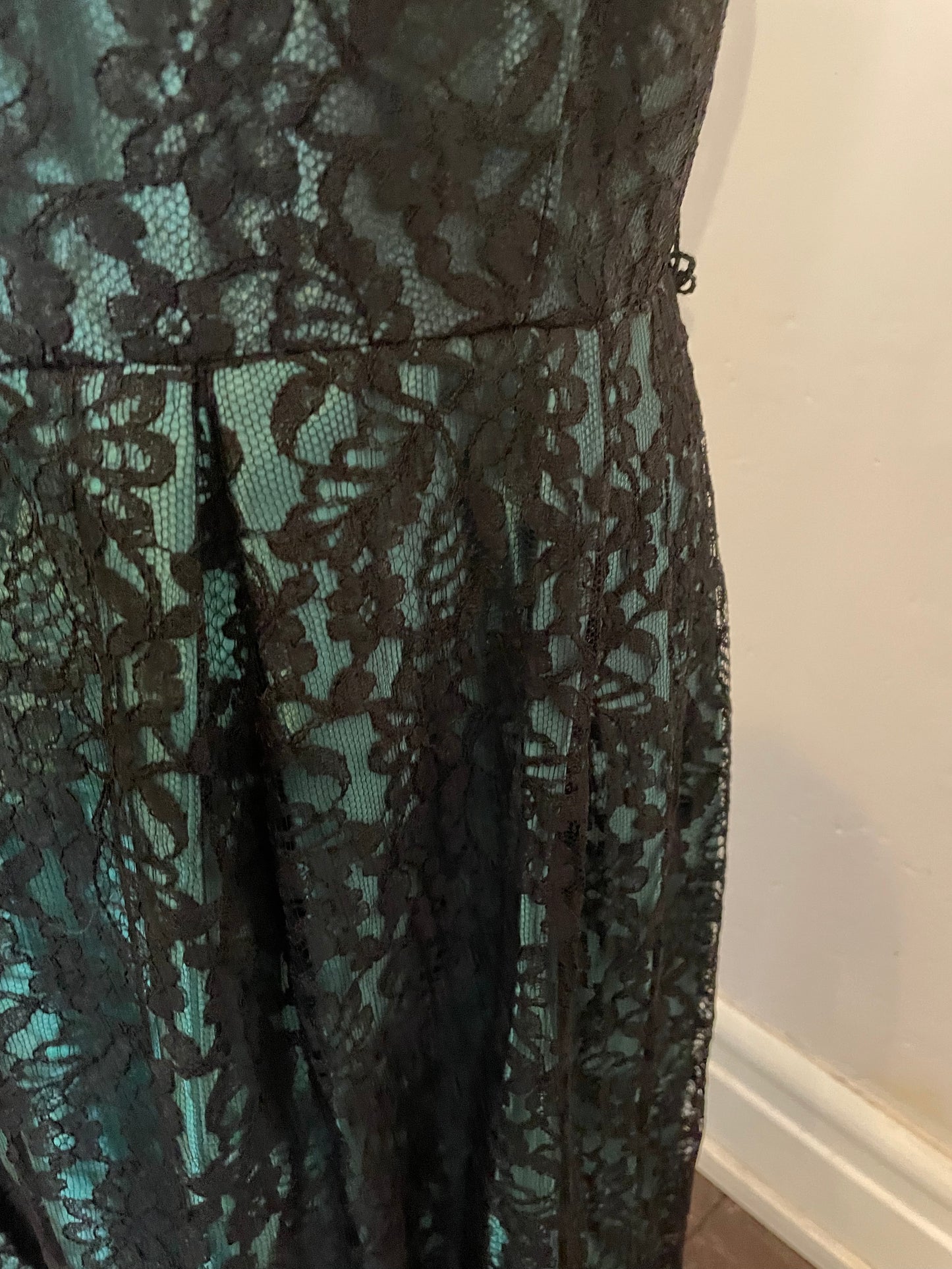 Dark Green Satin Dress With Black Lace Overlay