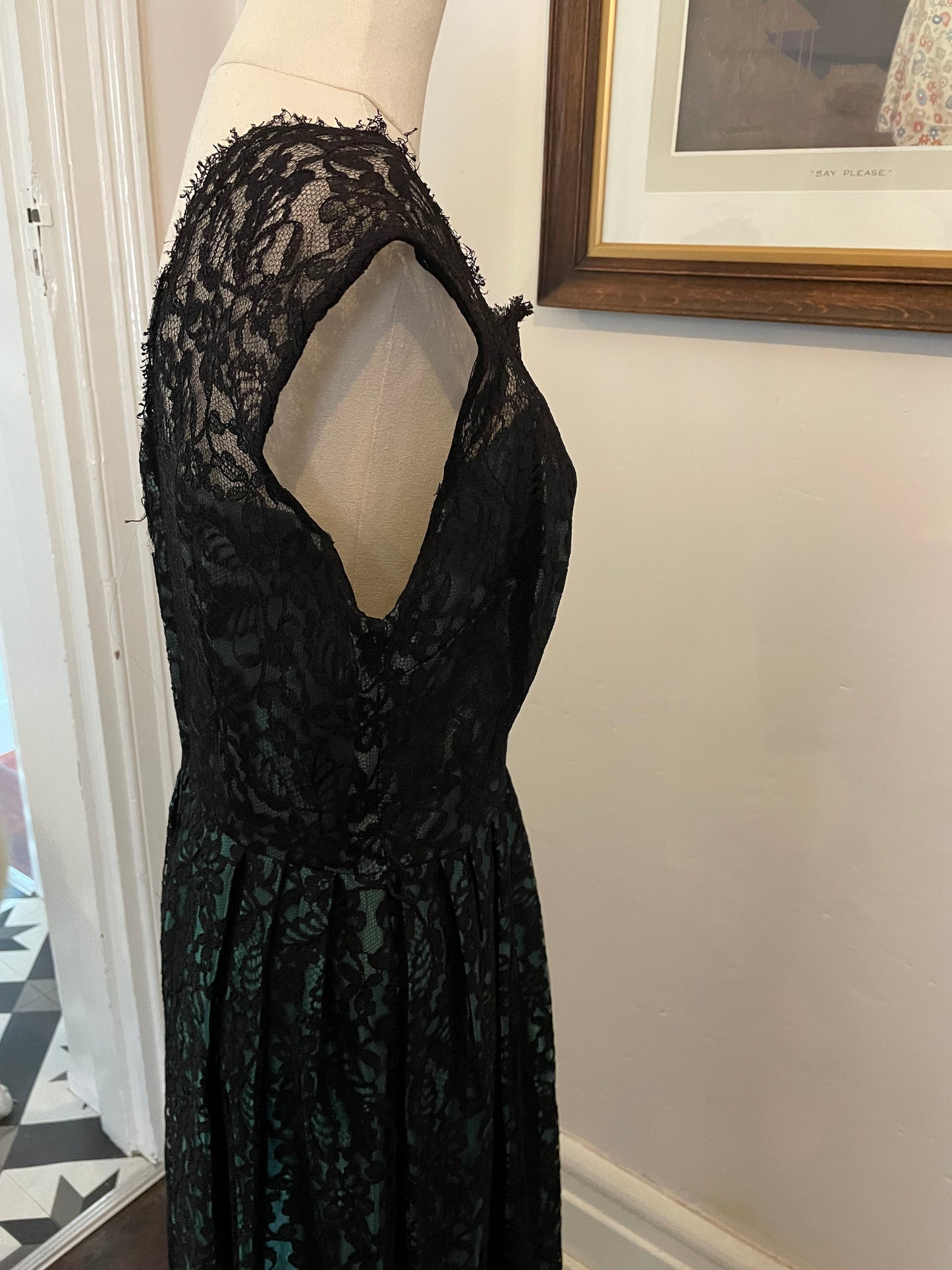 Dark Green Satin Dress With Black Lace Overlay