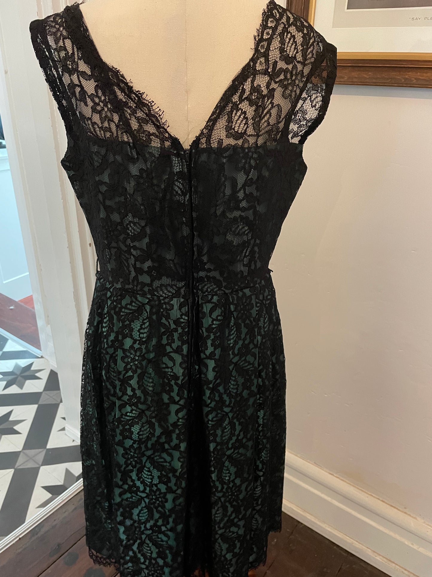 Dark Green Satin Dress With Black Lace Overlay