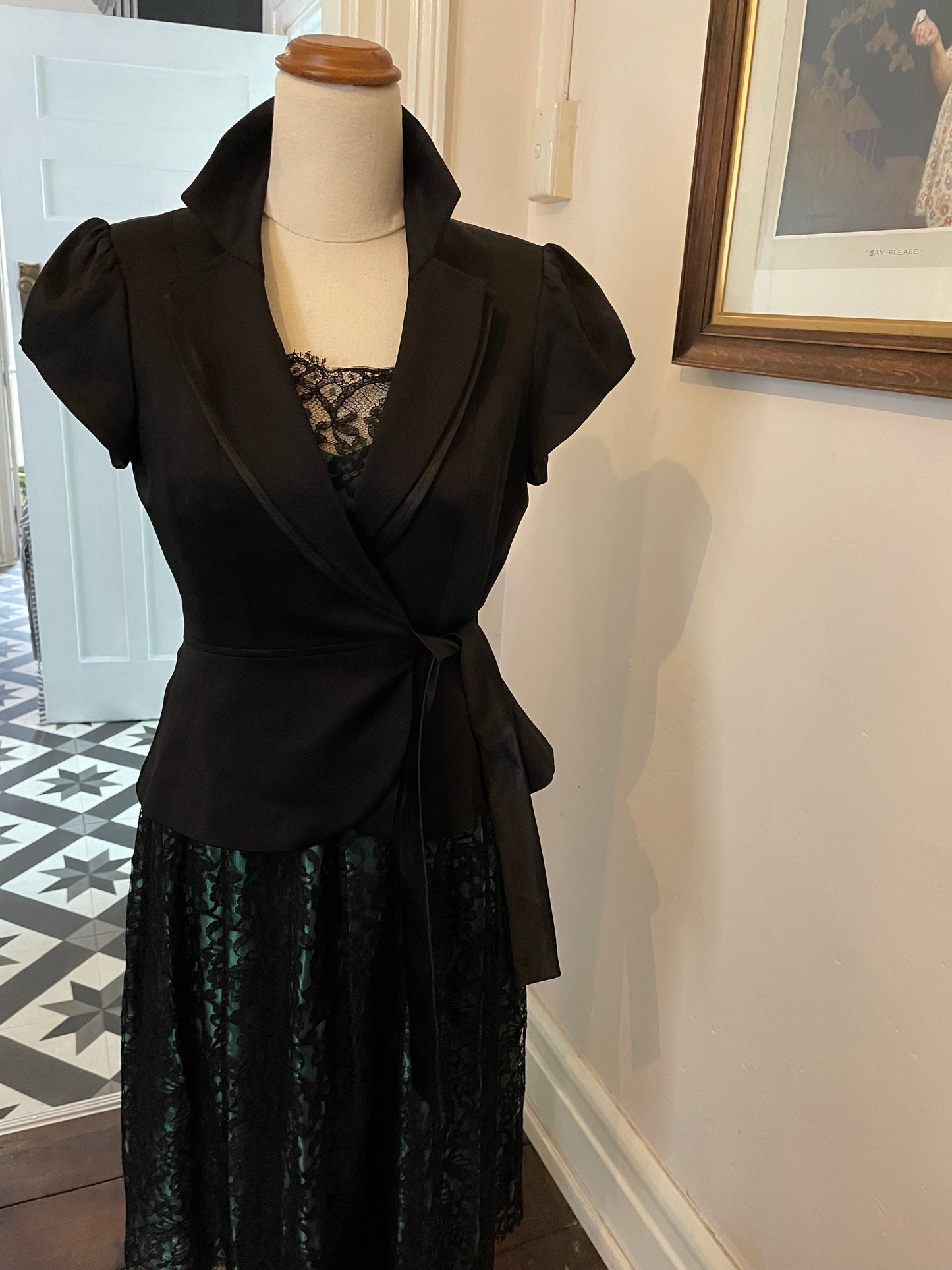 Dark Green Satin Dress With Black Lace Overlay