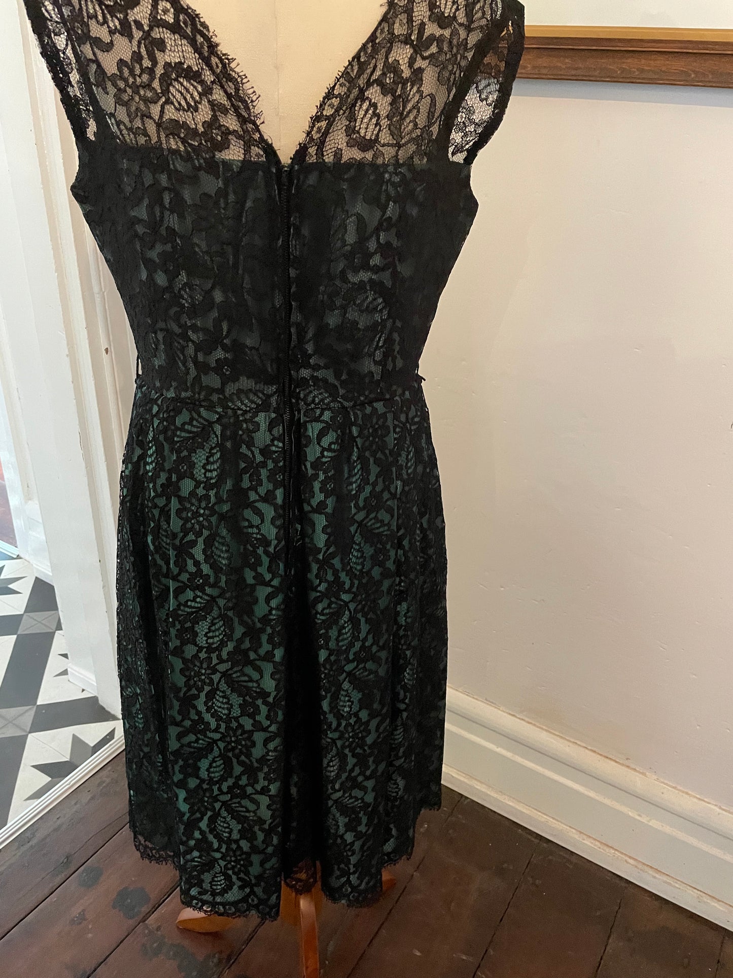 Dark Green Satin Dress With Black Lace Overlay