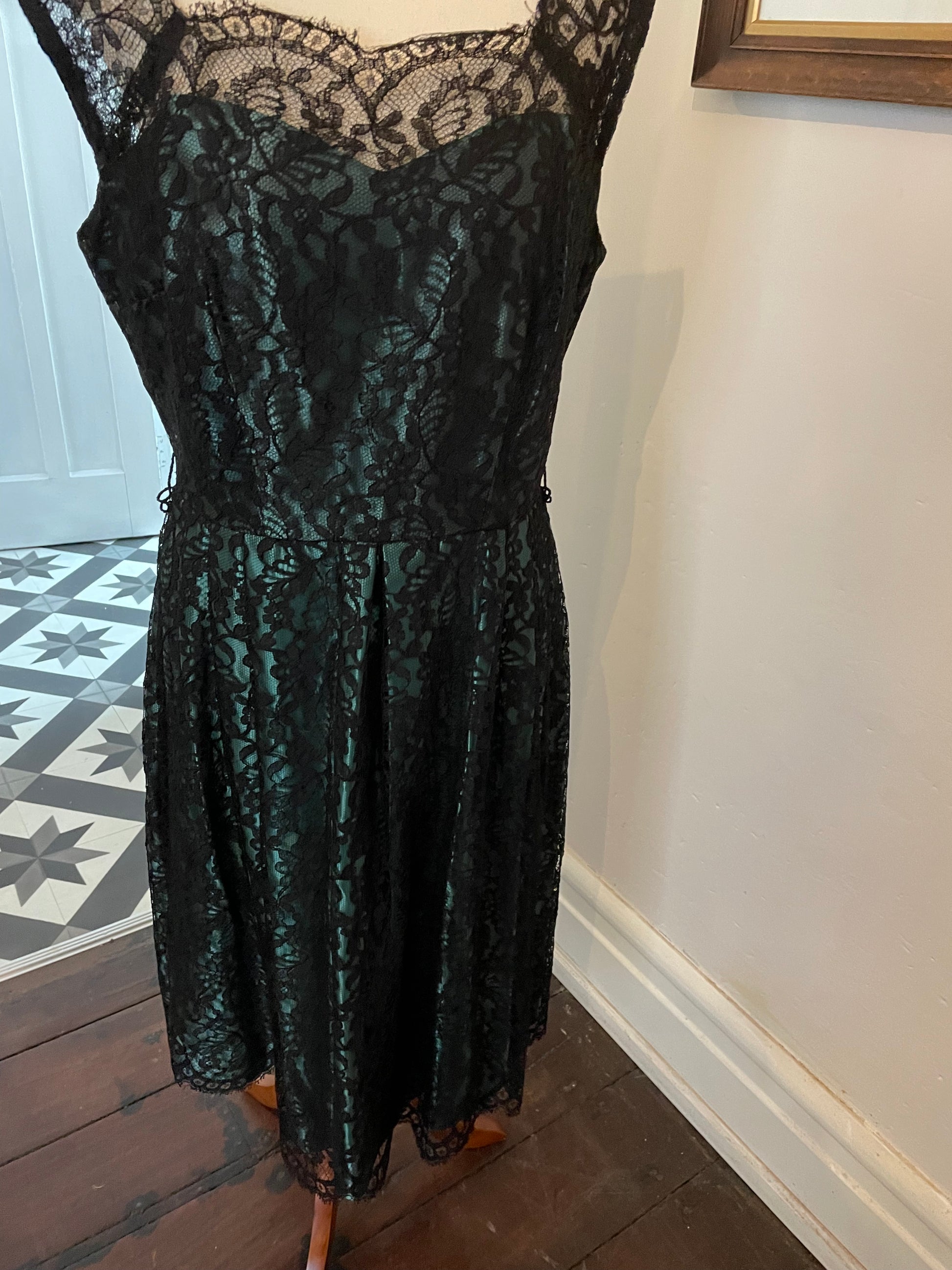 Dark Green Satin Dress With Black Lace Overlay Fatty and Wonk Dark Green Satin Dress With Black Lace Overlay Fatty and Wonk
