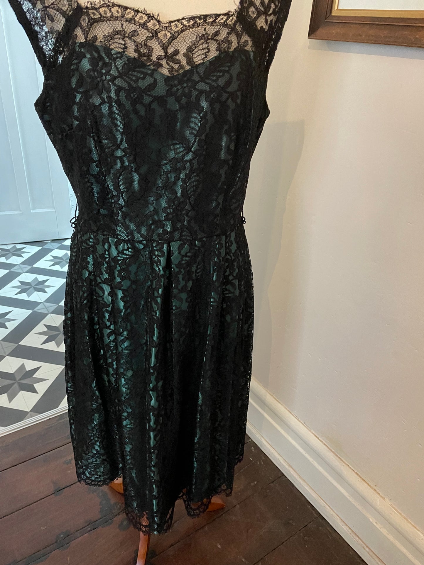 Dark Green Satin Dress With Black Lace Overlay