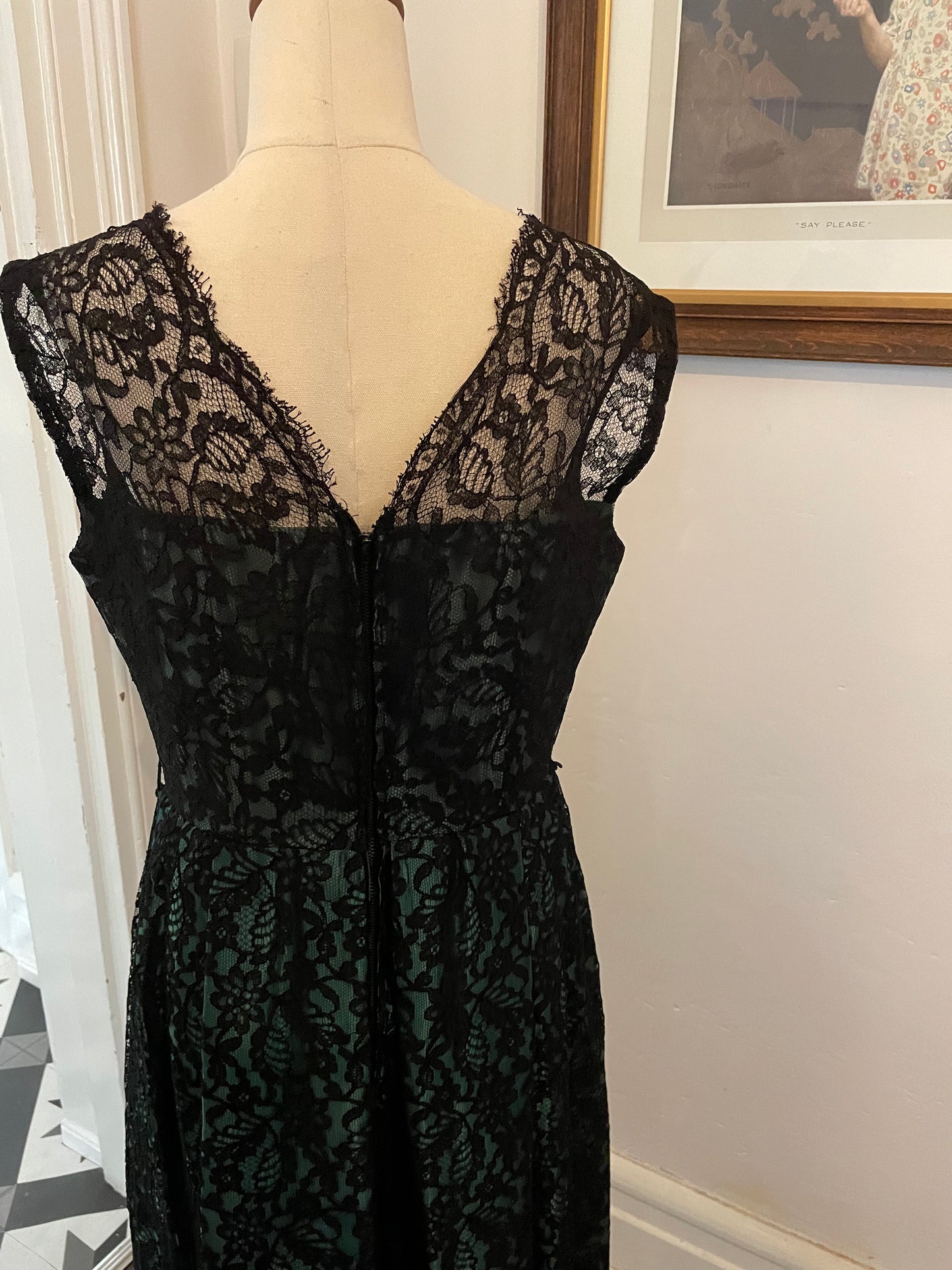 Dark Green Satin Dress With Black Lace Overlay