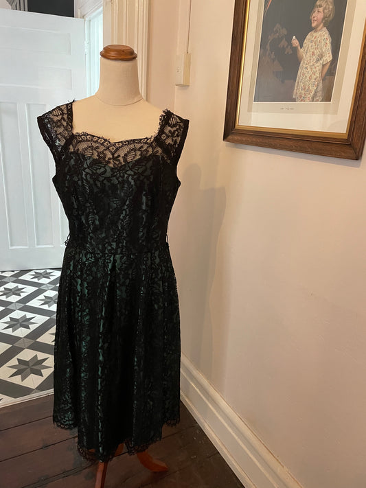 Dark Green Satin Dress With Black Lace Overlay