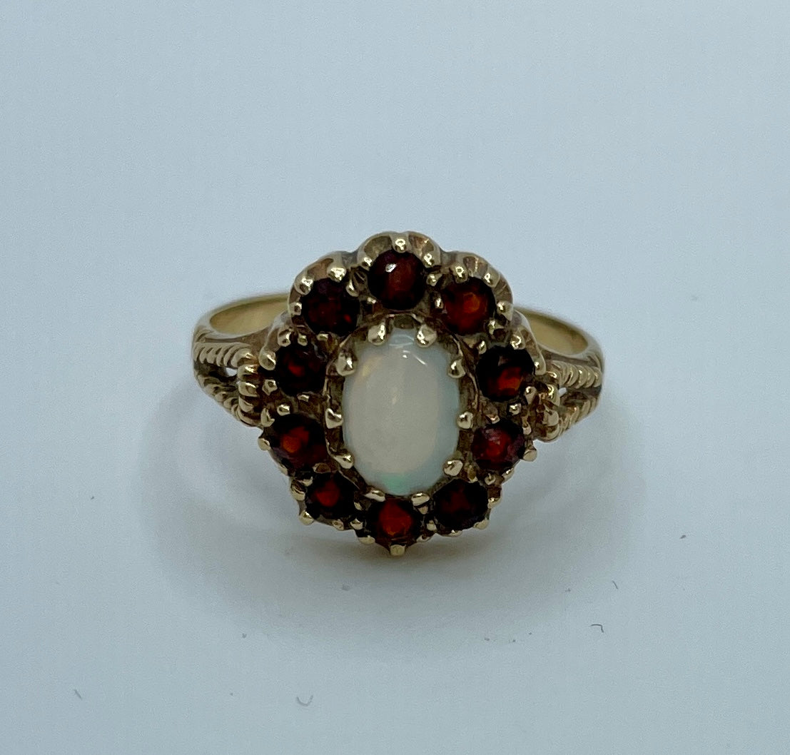 9ct Gold Opal And Garnet Cluster ring