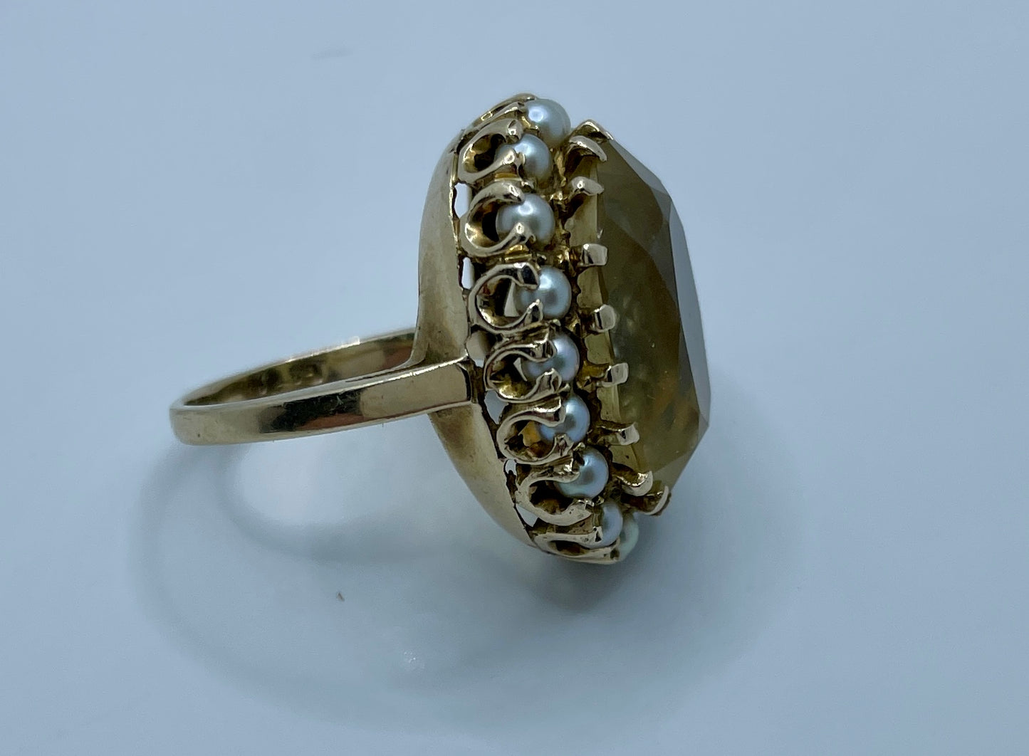 Large 1960s 9ct Gold Citrine And Cultured Pearl Cluster Ring