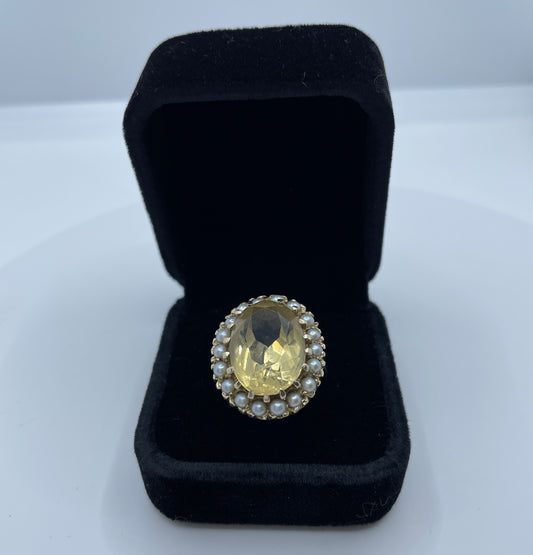 Large 1960s 9ct Gold Citrine And Cultured Pearl Cluster Ring