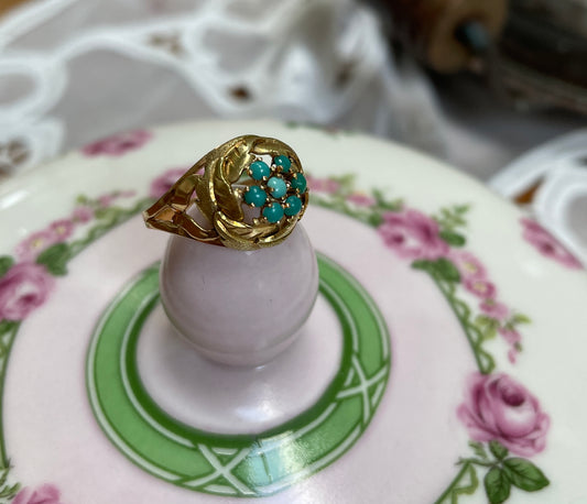 Vintage Turquoise Foliate Motif Ring In 18ct