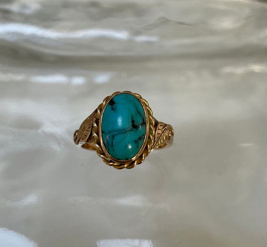 Cabochon Turquoise Dress Ring Foliate Shoulders