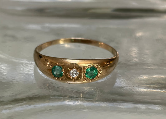 Edwardian 18ct Gold Emerald & Diamond Three Stone Ring