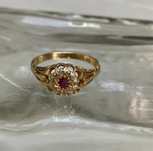 Ruby & Rose Gold Cut Diamond Cluster Ring