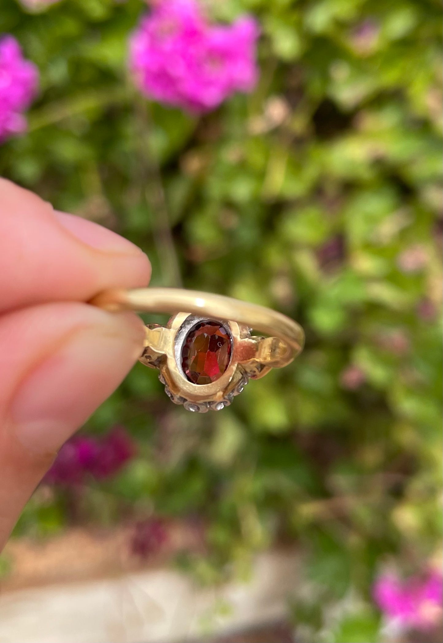 Garnet and Single Cut Diamond Cluster Ring