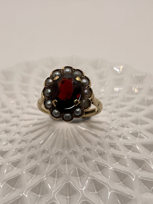 Vintage Split Pearl And Garnet Cluster Ring